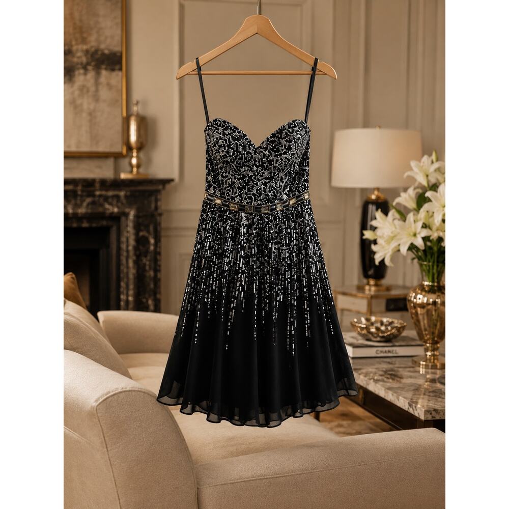 Sherri Hill Strapless Sequin Rhinestone Tulle Mini Dress Prom Size 4 Luxury Glam